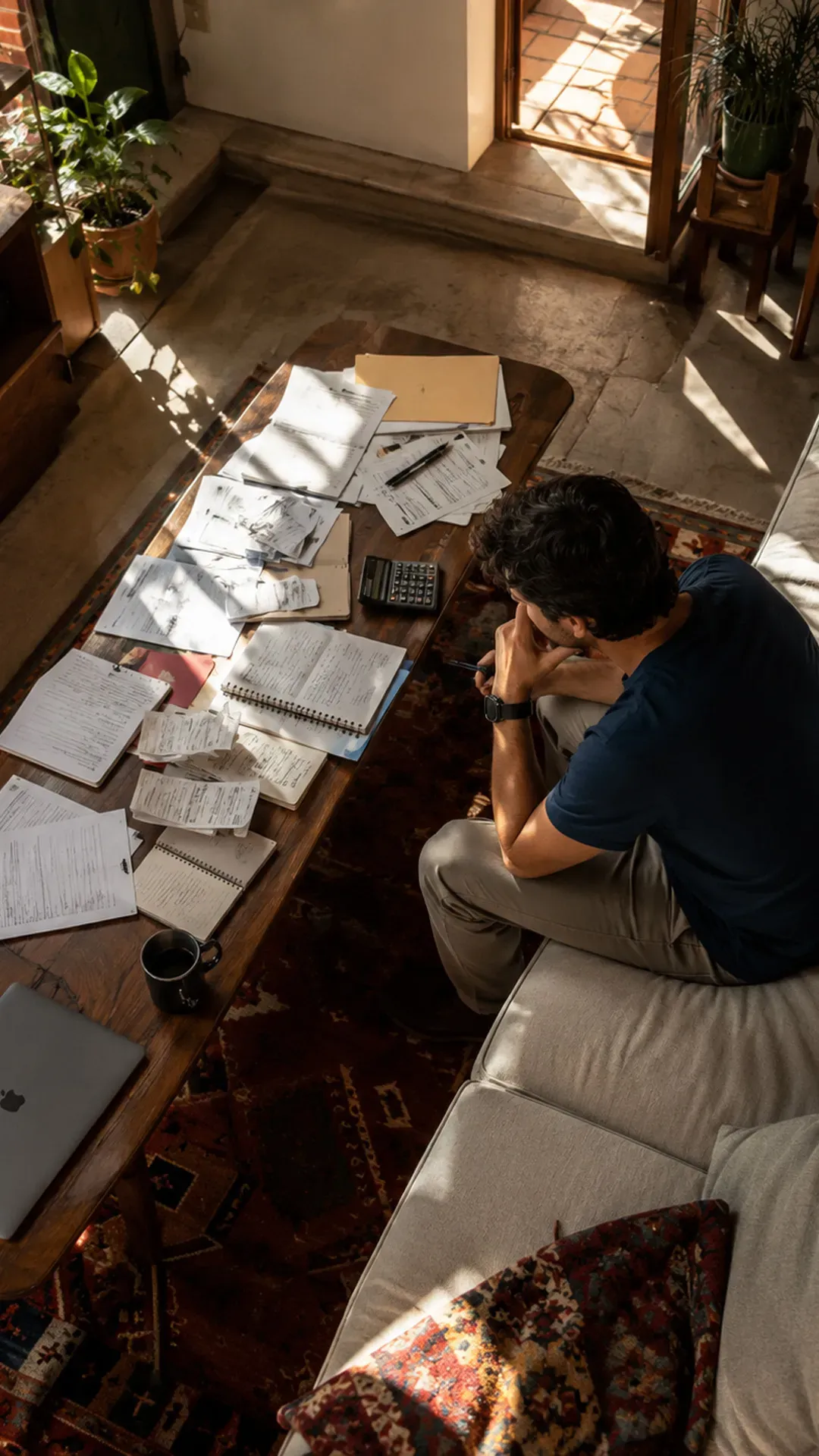 Dueño de negocio sentado en su sala mirando con estrés una mesa de centro cubierta de facturas desordenadas, cuadernos y una calculadora.