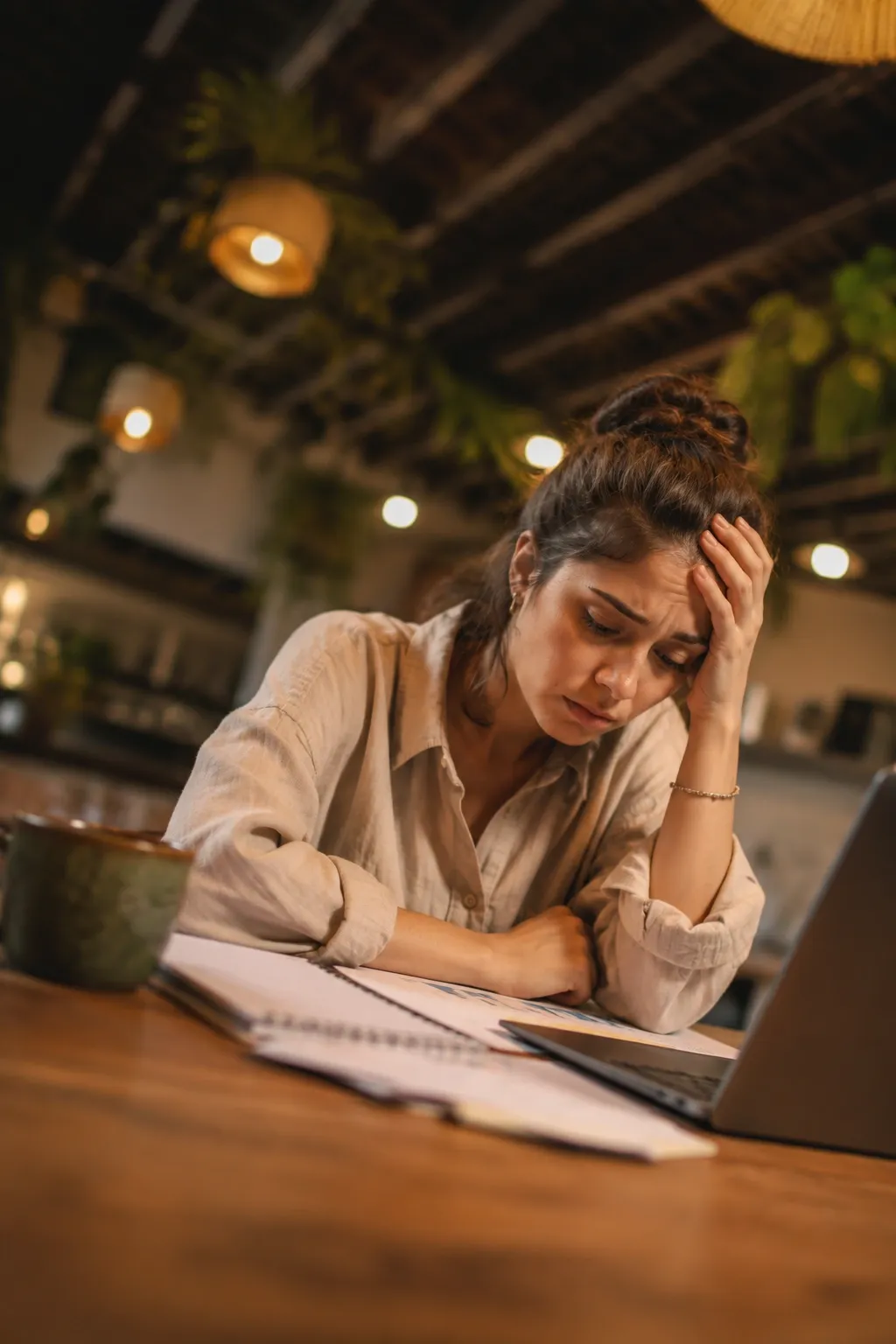 Mujer emprendedora apoyando la cabeza en su mano, visiblemente cansada al revisar la contabilidad de su negocio en la noche.