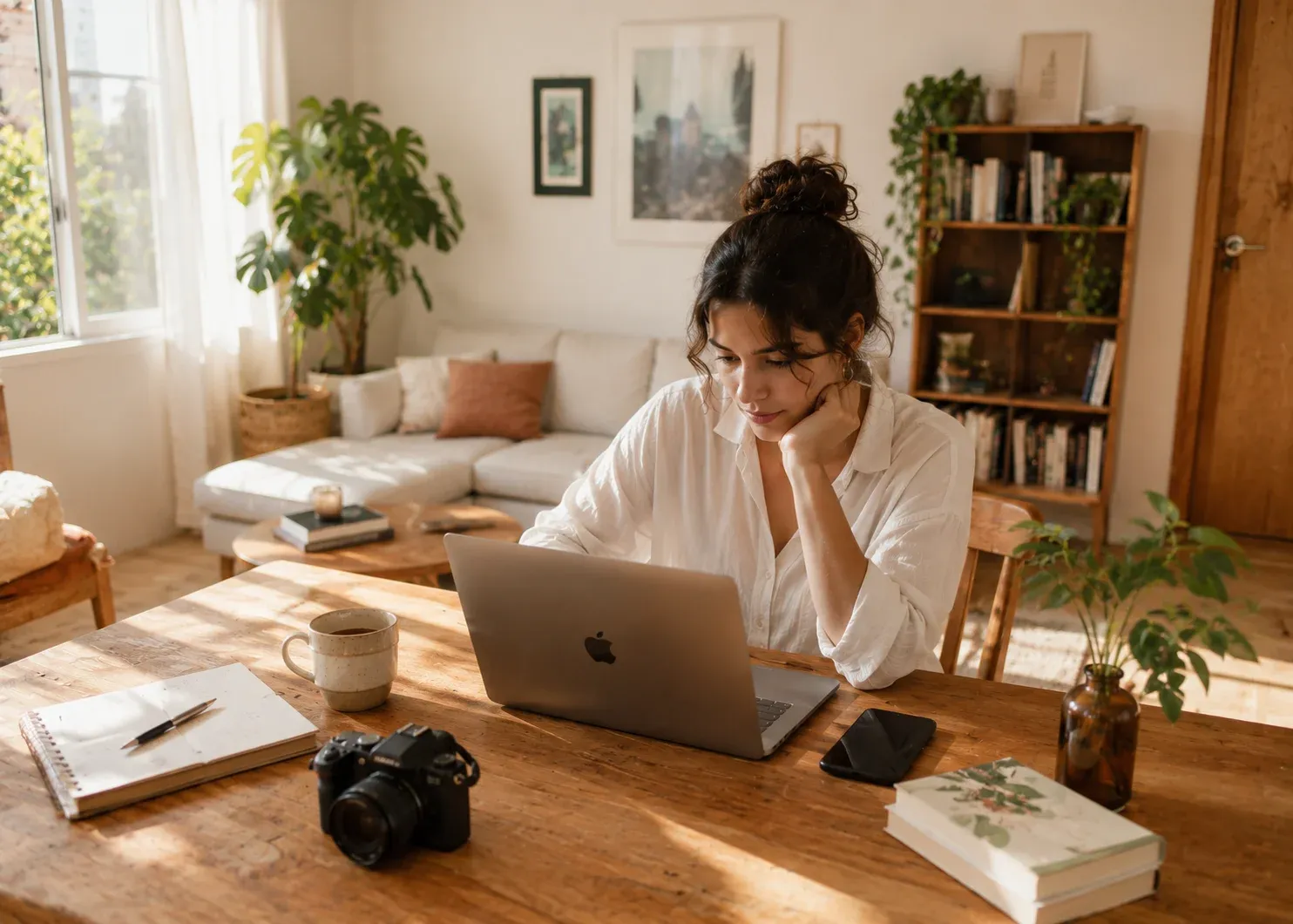 Mujer freelance enfocada trabajando en su computador portátil desde una casa cálida y decorada con plantas.