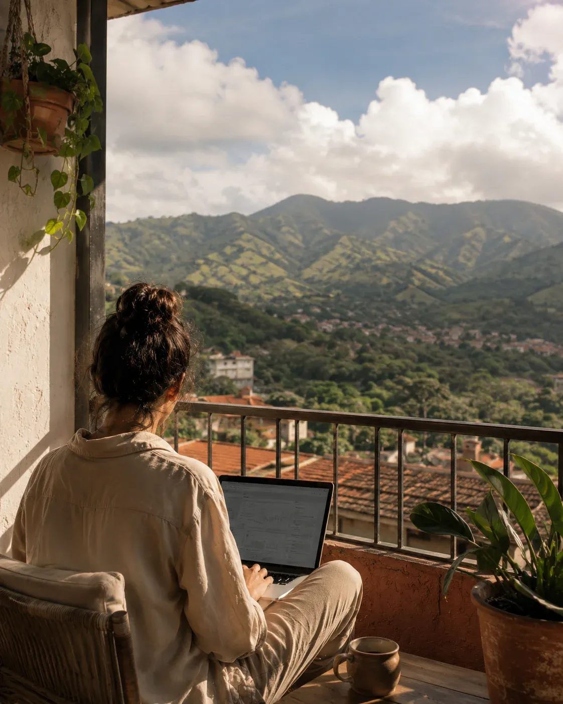 Mujer de espaldas trabajando en su computador portátil desde un balcón con vista a un paisaje montañoso tradicional colombiano.