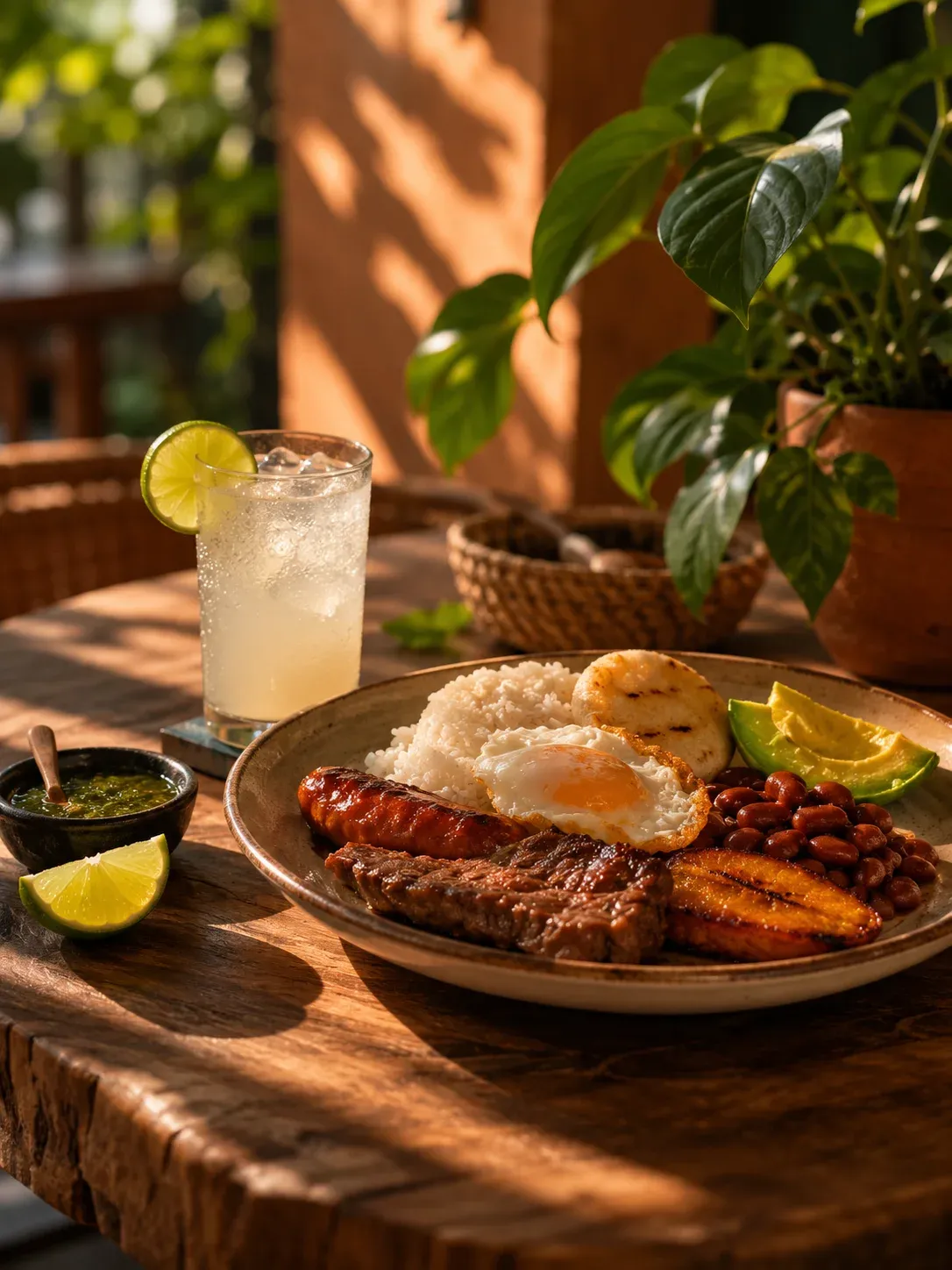 Plato típico colombiano con carne, frijoles y arepa en una mesa de madera iluminada por el sol, representando la gestión de un restaurante local