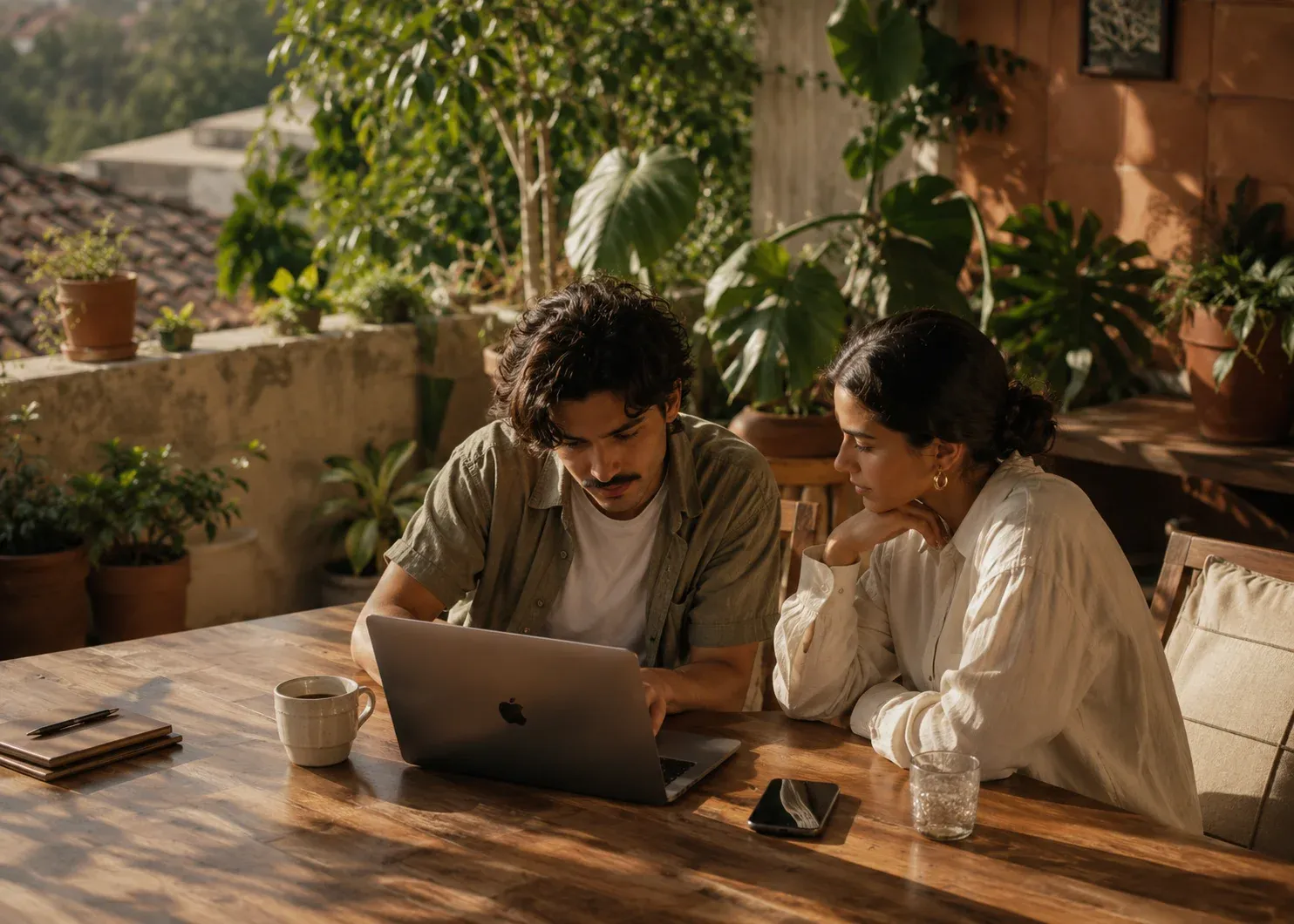 Pareja de emprendedores revisando la utilidad de su pyme colombiana en un computador portátil desde una terraza soleada.